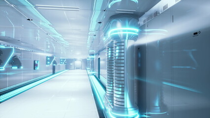 A sleek corridor features luminous technology and modern architecture. The walls shine with blue light, creating an otherworldly atmosphere. This space seems endless and inviting for curious minds.