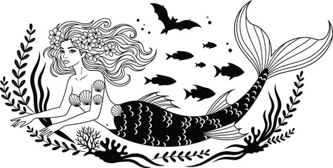 Beautiful mythological mermaid swimming gracefully in the deep sea, with a seashell top, floral crown, surrounded by seaweed, small fishes, and a bat silhouette