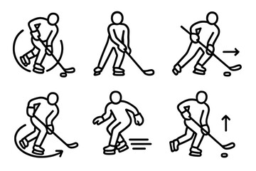 Advanced Skill Icons. Line style icons of advanced skills: puck spin flick, reverse grip hold, no-look pass icon, tight turn