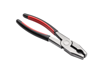 Red and black handled combination pliers with cutting edge, isolated on a transparent background