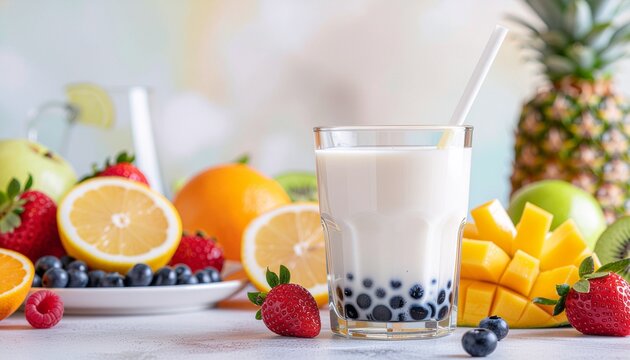 Boba tea and many kinds of colorful fruits. perfect for food and beverage concepts or summerthemed designs.