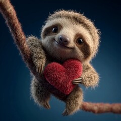 Naklejka premium Cute baby sloth holding a fluffy red heart