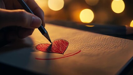 A hand drawing a red heart in a notebook with soft bokeh lighting.