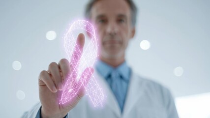white doctor holding pink ribbon in bright clinical corridor promoting breast cancer awareness campaign, confident male physician points ribbon toward camera,