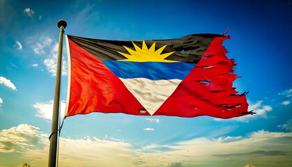 破けて朽ちた古いアンティグア・バーブーダの国旗。(an old and torn Antigua and Barbuda flag.)
