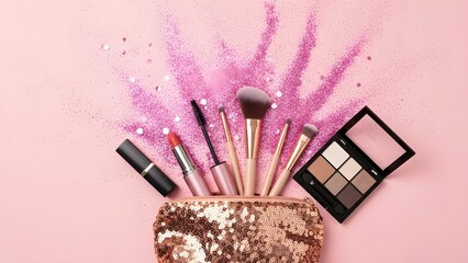 Stylish cosmetic products, makeup brushes, and glitter on pink