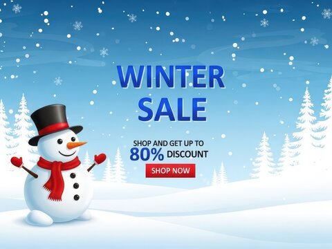 Winter sale banner with cheerful snowman and falling snow. - Powered by Adobe