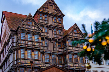 Ancient Hildesheim, Renaissance Wedekindhaus facade fragment, Old Market Square in Central Europe, Historic half-timbered 16th-century craftsmanship in Germany with ornate facade, Old German townhouse