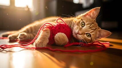 &ldquo;Active ginger cat playing with a knitted red string on warm indoor floor, cozy light, playful adorable pose, high-detail fur and soft bokeh