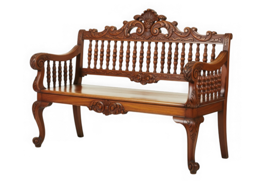 Antique ornate wooden bench with cushioned seat isolated on transparent background