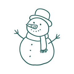 Snowman wearing a top hat and scarf with a carrot nose. Vector illustration of a winter character, holiday decoration, snow.