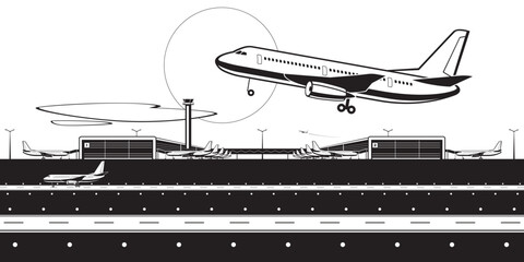 Airplane landing in front of airport terminals  &ndash; vector illustration