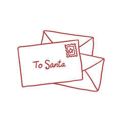 Hand-drawn letter to Santa Claus with a stamp and two envelopes. Vector illustration of Christmas dreams and holidays.