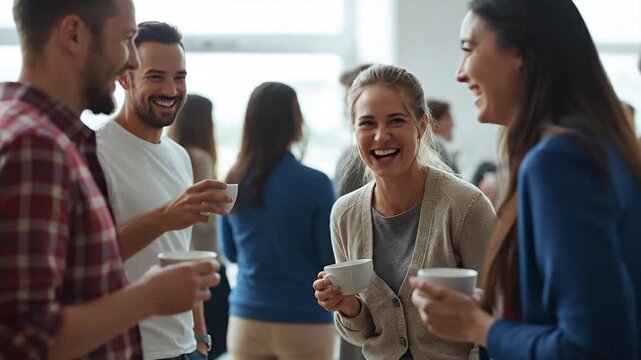 Diverse business professionals enjoying a lively networking event, sharing laughter and engaging in cheerful conversation during a coffee break, fo...