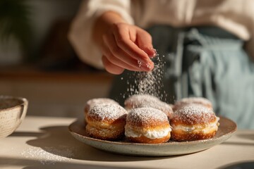 person preparing traditional hanukkah sufganiyot in home kitchen decorating donuts with sugar powder concept of jewish holiday baking and warm family celebration spirit