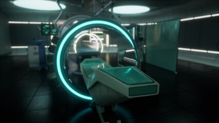 In a sleek, well lit medical room, innovative equipment surrounds a central examination table.