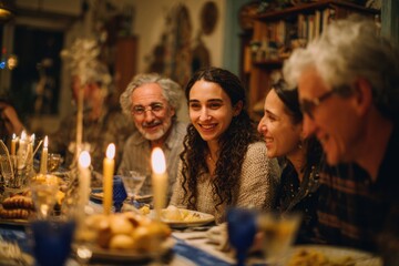 joyful family gathering for hanukkah feast illuminated by candlelight symbolizing unity faith tradition and holiday happiness