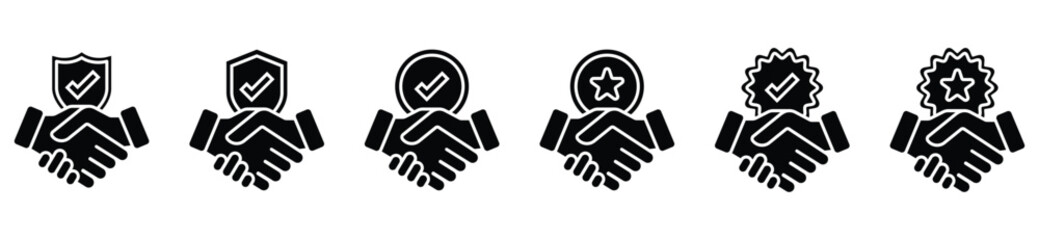 Business partnership handshake icons. Symbols of agreement, trust, teamwork, and professional collaboration in vector style.