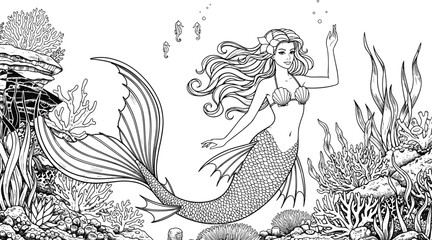 Underwater mermaid illustration, black and white vector, seashell bikini, coral reef, seahorses swimming, seaweed plants, fantasy ocean scene, coloring page art