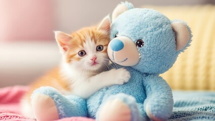 &ldquo;Cute cat cuddling a blue teddy toy on a soft bed, warm cozy lighting, adorable emotion, gentle indoor mood, high-detail pet portrait