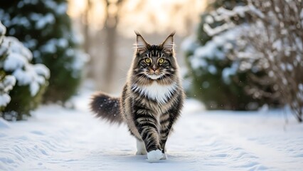&ldquo;Beautiful fluffy cat sitting in fresh winter snow, cold blue light, soft fur texture, peaceful outdoor moment, scenic winter pet photography
