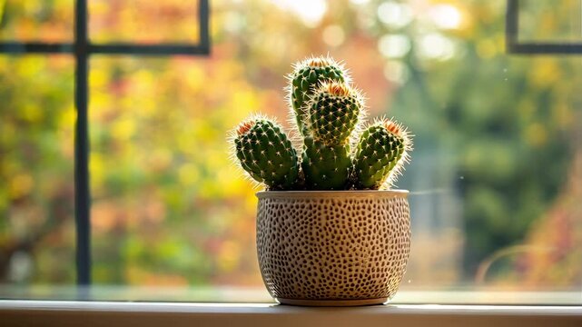 A vibrant cactus in a pot, illuminated by warm sunlight by the window.