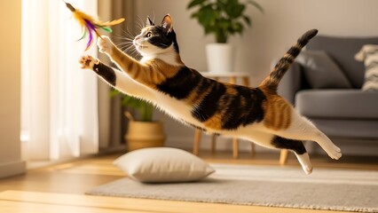 &ldquo;Relaxed domestic cat stretching on a soft beige sofa, warm cozy home atmosphere, natural indoor lighting, peaceful lifestyle pet portrait