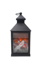 Vintage Lantern with Glass Flame and Christmas Decoration Isolated on White Background