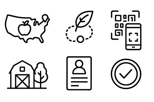 Local Sourcing Icons. Line style icons of local sourcing transparency: food origin map, traceable ingredient icon, QR scan for