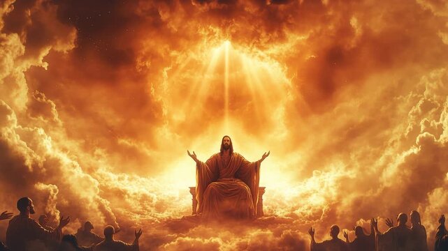 Jesus Christ enthroned under golden light, crowd raising hands, shimmering dust motes and sunbeams piercing haze, uplifted palms, emotional worship, cinematic