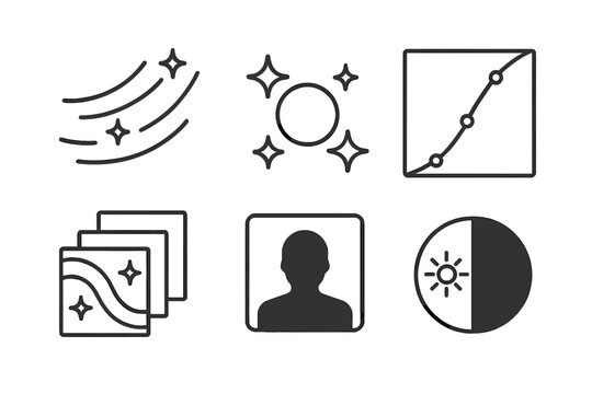Digital Editing Icons. Line style icons of digital post-processing: light trail overlay, glow enhancement effect, brightness curve