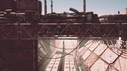 In a vast industrial landscape, rusted structures loom over abandoned walkways. Sunlight filters through the grime, casting shadows on the barren ground. A sense of desolation fills the air.