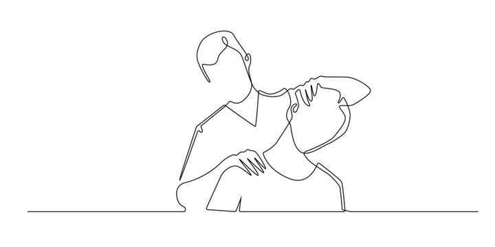 Continuous line drawing of a chiropractor assisting a patient. Single-line illustration depicting physical therapy, spinal adjustment, wellness care, rehabilitation, and medical treatment themes.