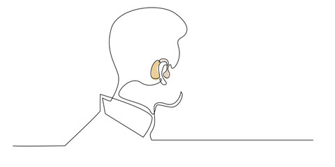 Continuous line drawing of a man wearing a hearing aid. Single-line illustration suitable for audiology themes, hearing support, medical accessibility, elder care, and health-related design.