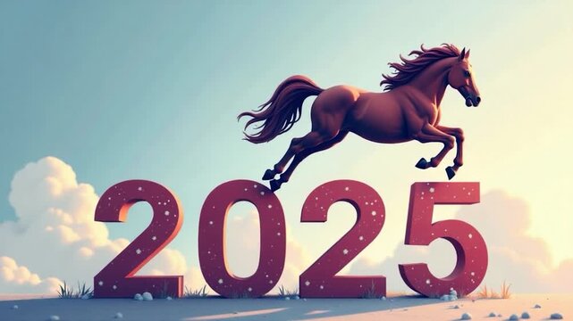 Video A horse jumps over the numbers of the year 2025 in a clear and colorful