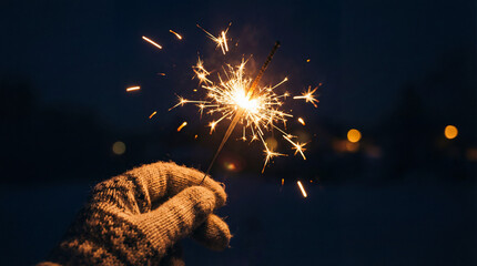 A sparkler in a knitted mitten against a backdrop of Christmas lights and darkness, symbolizing New Year's Eve and the holiday season.