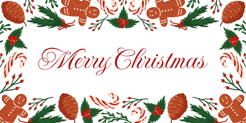 Festive Christmas border with gingerbread candy cane, pinecone, holly and berry in flat style. Greeting banner for holiday design.