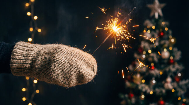 A sparkler in a knitted mitten against a backdrop of Christmas lights and darkness, symbolizing New Year's Eve and the holiday season. - Powered by Adobe