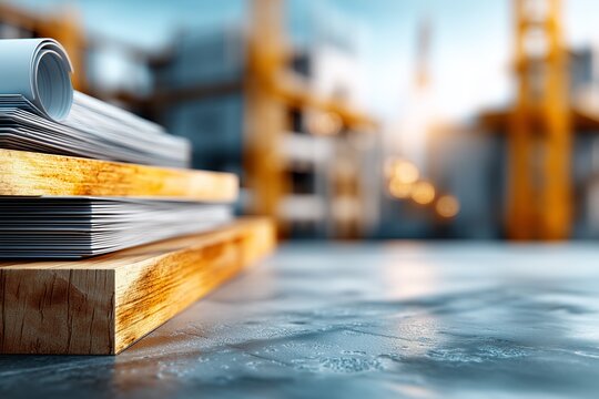Stacked rolls of architectural blueprints on wooden surface, with blurred construction site in the background, showcasing the planning phase of building projects and design concepts