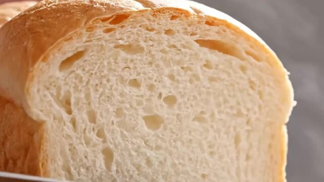 Close-up of freshly sliced bread with soft crumb and golden crust in a bakery