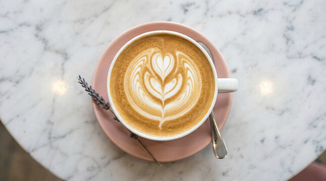 Pink cup of cappuccino with beautiful tulip latte art on marble cafe table, cozy coffee shop background.