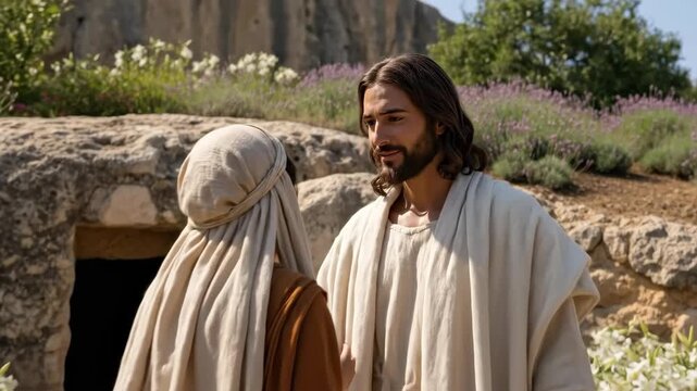 Jesus Christ appears to Mary Magdalene at the empty tomb on Easter morning, divine resurrection.