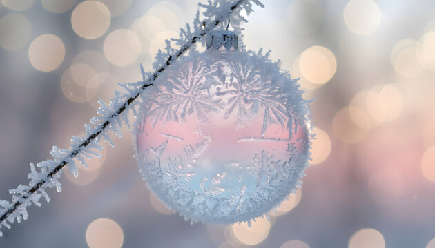 Frost covered christmas ornament hanging on a branch with bokeh light