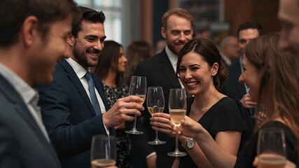 Smiling professionals raising champagne glasses in a toast at a sophisticated corporate event, celebrating success, networking, and camaraderie
