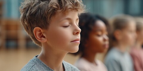 Young boy with curly hair, eyes closed in meditation, surrounded by diverse children in a serene indoor environment, promoting mindfulness and emotional well-being