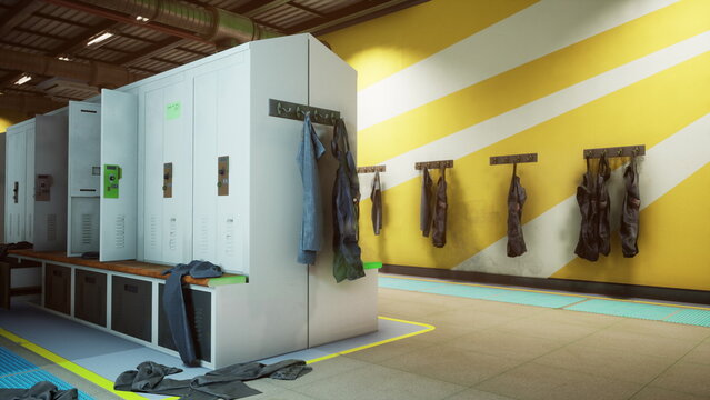 Bright yellow walls set the backdrop for a clean locker room filled with neat lockers. Clothes hang on hooks, showing a bustling work atmosphere.