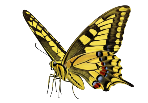 Isolated Beautiful butterfly sitting calmly with colorful yellow, black and red wings spread out