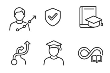 Lifelong Learning Icons. Line style icons of lifelong learning pathways: adult learner icon, upskilling path, reskilling badge,
