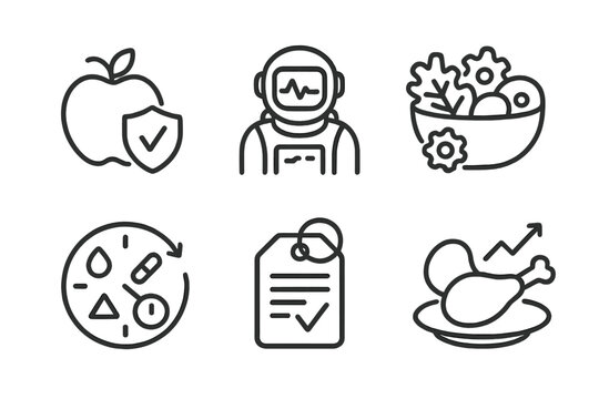 Diet Customization Icons. Line style icons of dietary customization: personalized nutrient icon, astronaut biometrics chart,