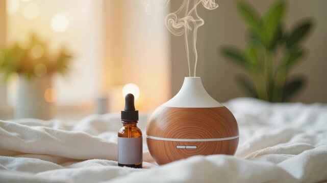Wooden essential oil diffuser emitting white vapor on a bed as the camera pans right, revealing flowers and plants in warm sunlight